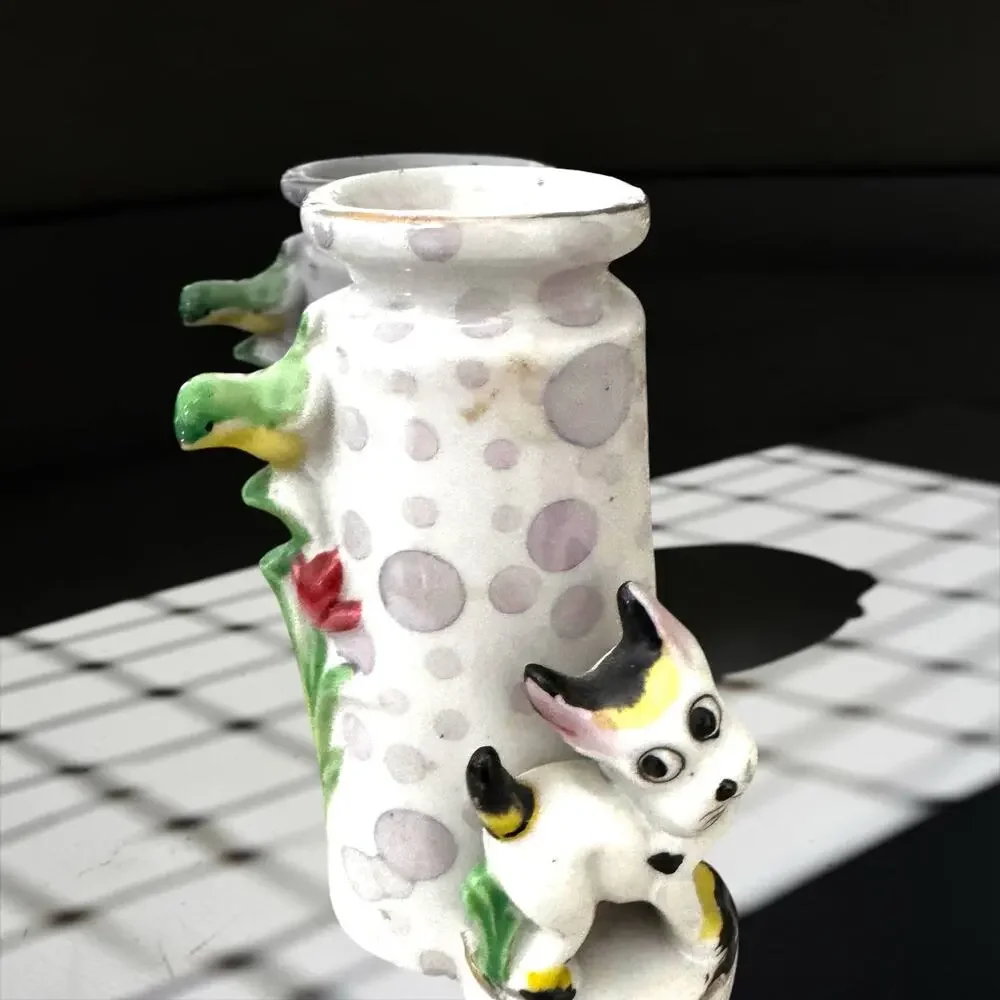 Vintage Made in Japan Ceramic Fawn Deer Bud Vase Figural Tulips Tree Trunk 1950s